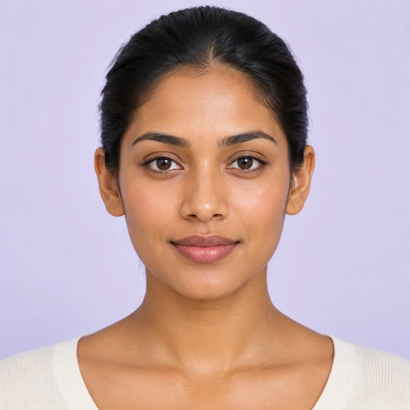 AI-generated fictional portrait with illustrative colored points marking the forehead, brows, eye corners, nose, cheeks, mouth and chin