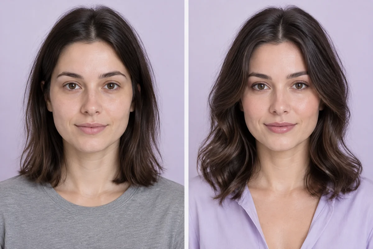 AI-generated fictional example comparing an everyday look and a styled look with soft waves