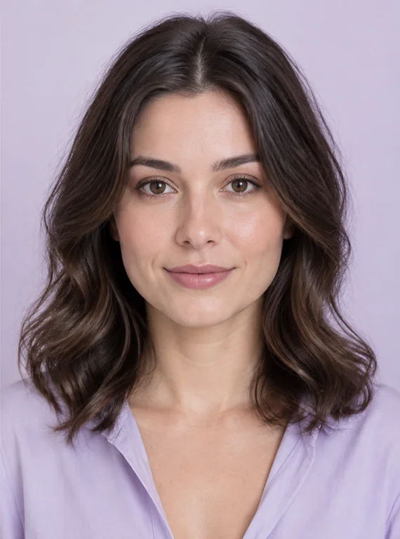 AI-generated fictional styling example with soft waves and muted lavender clothing