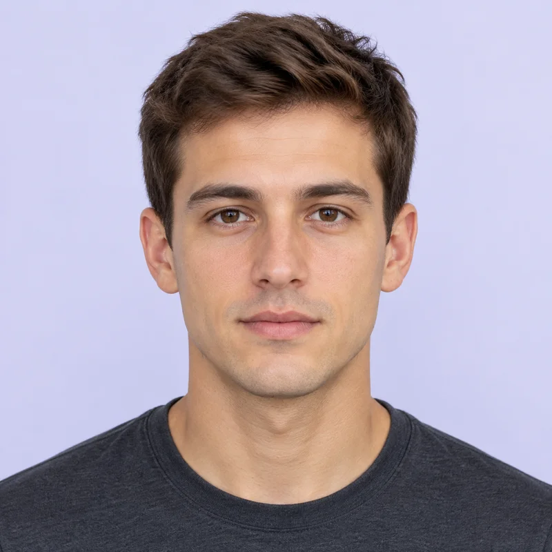 AI-generated fictional male portrait with illustrative face midline and six left-right landmark pairs